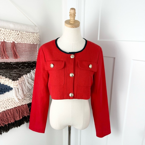 MAEVE Anthropologie Shrunken Cropped Tweed Jacket Red Sz 8 NWT - Picture 3 of 12